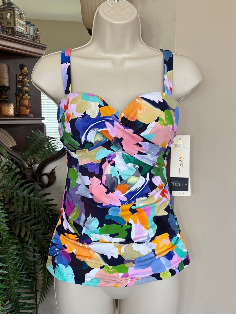 NWT Profile by Gottex Multicolor Abstract Floral Tankini Top Holi D-Cup